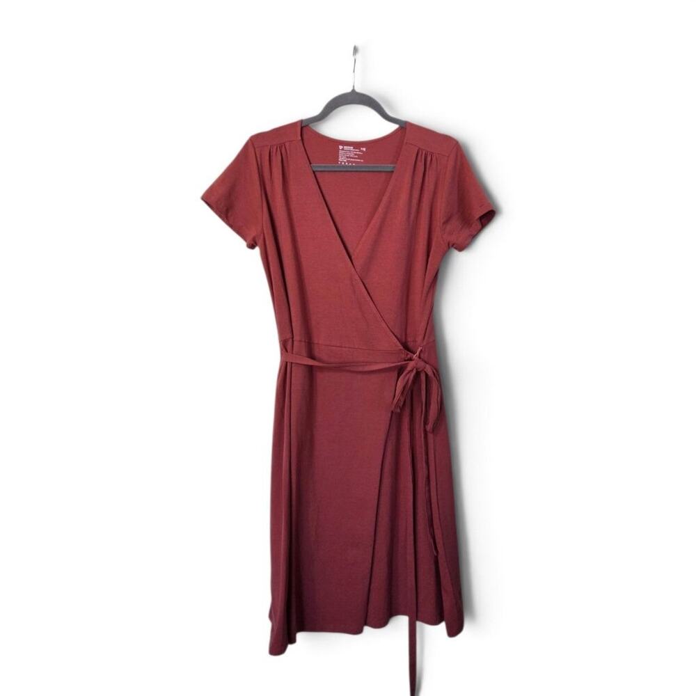 Pact Organic Cotton Rust Red Short Sleeve Wrap Mini Dress, Size Medium